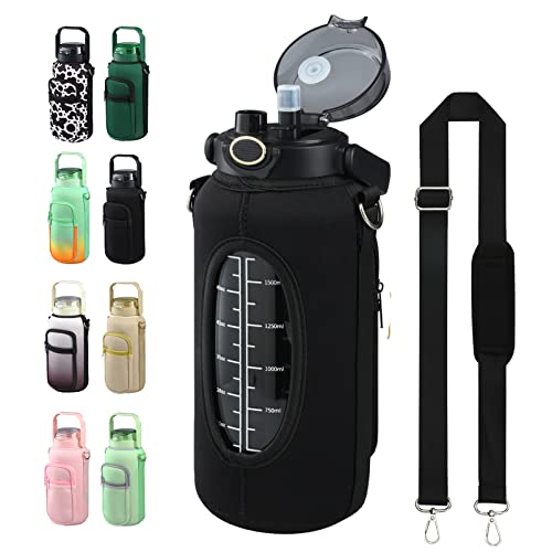 chunmo Half Gallon 64oz Glass Water Bottle with Straw and Storage Sleeve Motivational Water Bottle with Strap and Time to Drink 2L Leakproof Reusable Water Jug for Fitness Gym and Outdoors - Image 1