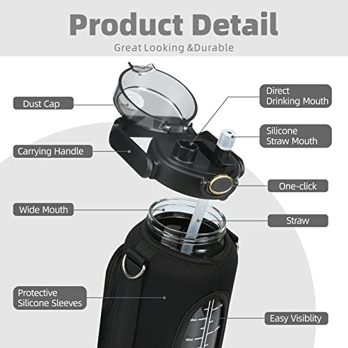 chunmo Half Gallon 64oz Glass Water Bottle with Straw and Storage Sleeve Motivational Water Bottle with Strap and Time to Drink 2L Leakproof Reusable Water Jug for Fitness Gym and Outdoors - Image 5