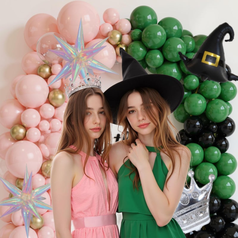 BCARICH Dark Green and Pink Balloons Arch Set for Witch Party, 160Pcs Dark Green, Baby Pink, Black, Gold, Clear Bobo, Witch Hat, Crown, and Exploding Star Balloons Kits for Birthday Decoration - Image 3