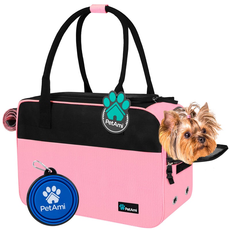 PetAmi Dog Purse Carrier for Small Dogs Airline Approved Soft Sided Pet Carrier with Pockets Ventilated Dog Carrying Bag for Puppy Cat Dog Travel Supplies Bag Sherpa Bed Max 12 lbs Pink