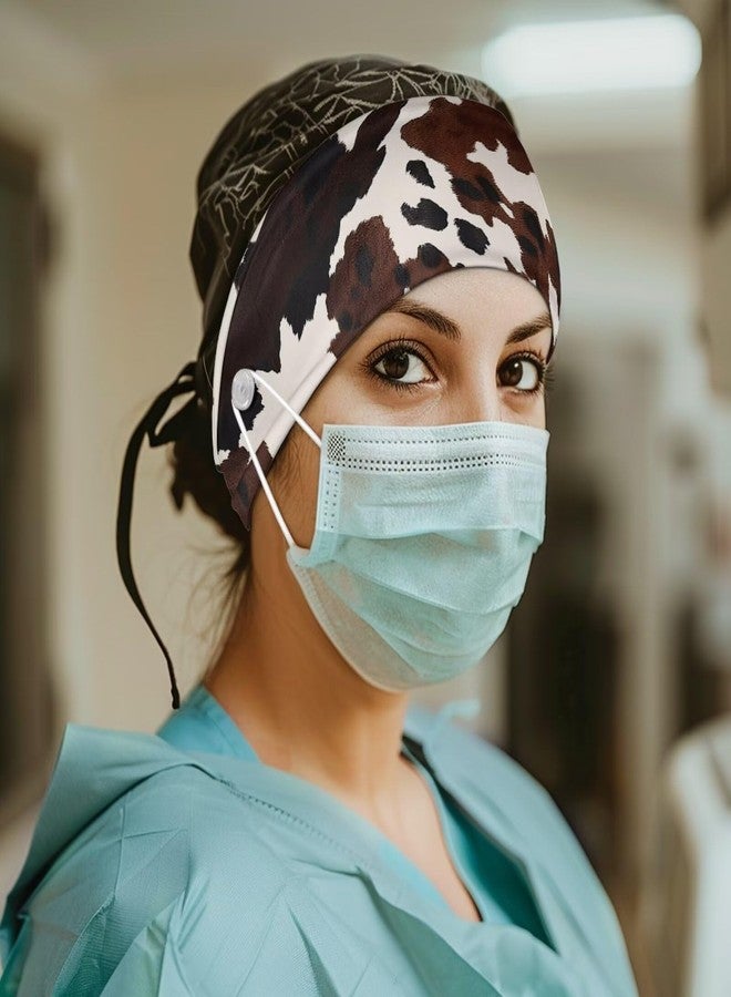 Gomyblomy Brown Cow Print Wide Headband for Women Non Slip Head Bands with Buttons Soft Turban Head Wraps Hair Accessories High Elastic Nurse Headbands Ear Protection - Image 3