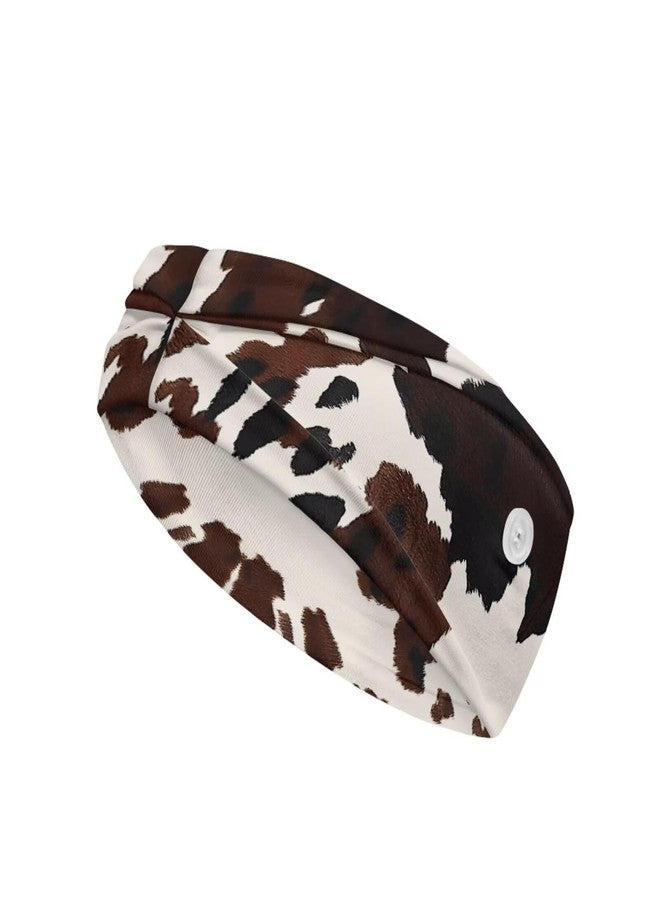 Gomyblomy Brown Cow Print Wide Headband for Women Non Slip Head Bands with Buttons Soft Turban Head Wraps Hair Accessories High Elastic Nurse Headbands Ear Protection - Image 2