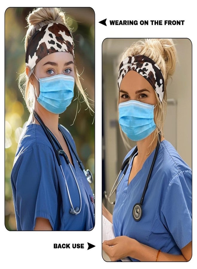 Gomyblomy Brown Cow Print Wide Headband for Women Non Slip Head Bands with Buttons Soft Turban Head Wraps Hair Accessories High Elastic Nurse Headbands Ear Protection - Image 4