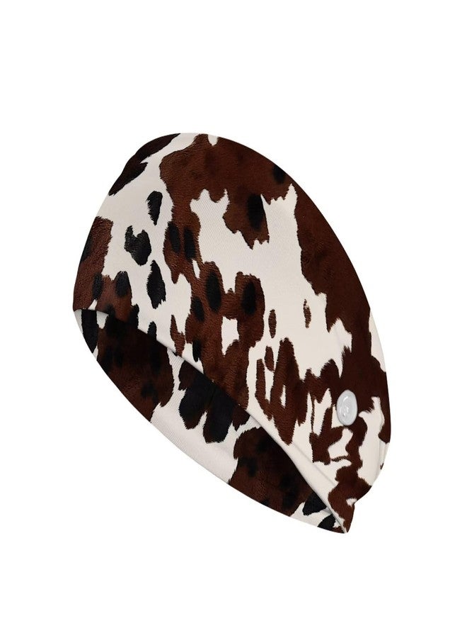 Gomyblomy Brown Cow Print Wide Headband for Women Non Slip Head Bands with Buttons Soft Turban Head Wraps Hair Accessories High Elastic Nurse Headbands Ear Protection - Image 1