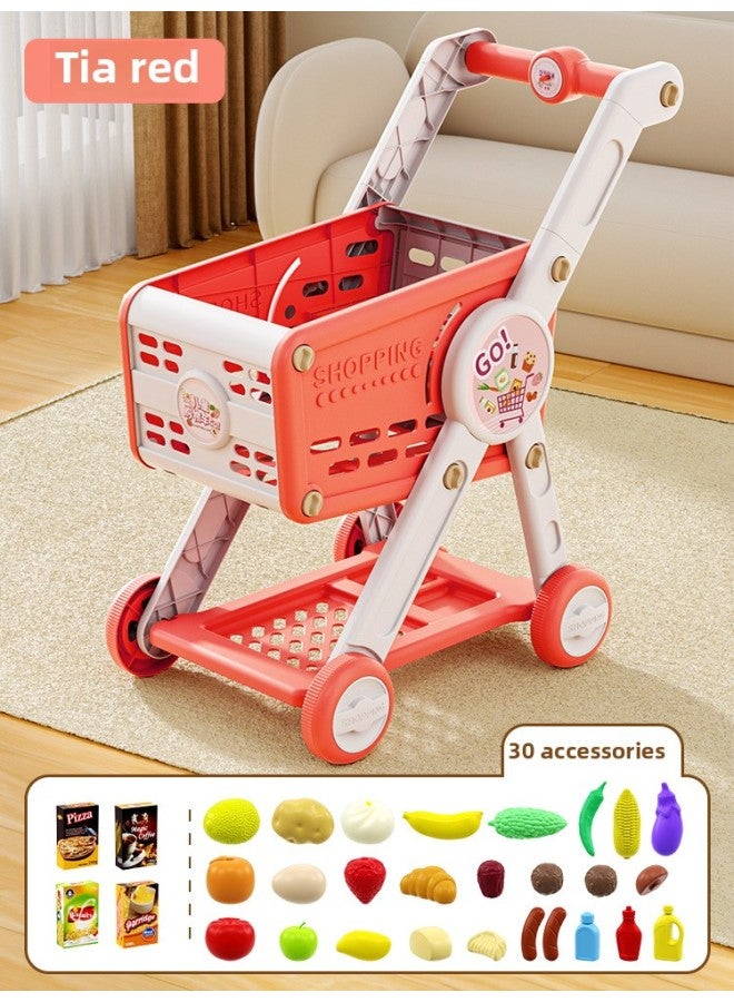 عربة تسوق للأطفال ألعاب محاكاة للبنات، بدلة منزلية، عربة سوبر ماركت للفتيات الصغيرات من عمر 3 إلى 6 سنوات، 4 عربة - اللون: أحمر فائق 30 ملحقًا 【تغليف التجارة الإلكترونية، صندوق غير ملون】】 - Image 1