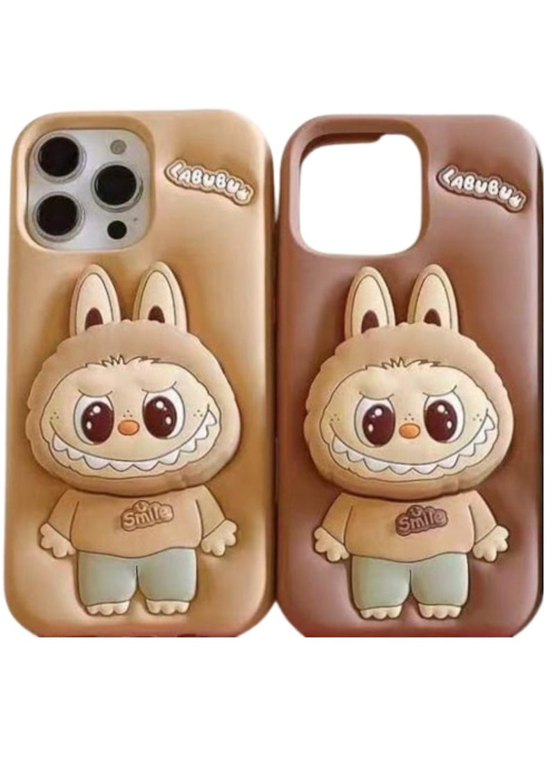 Case Club 2pc Combo Cute 3D Labubu Bunny Silicone Case Combo for iPhone 14 Pro Max – Cartoon Smile Series (Pack of 2 – Beige & Brown) - Image 1