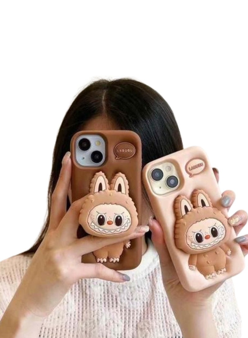 Case Club 2pc Combo Cute 3D Labubu Bunny Silicone Case Combo for iPhone 14 Pro Max – Cartoon Smile Series (Pack of 2 – Beige & Brown) - Image 2