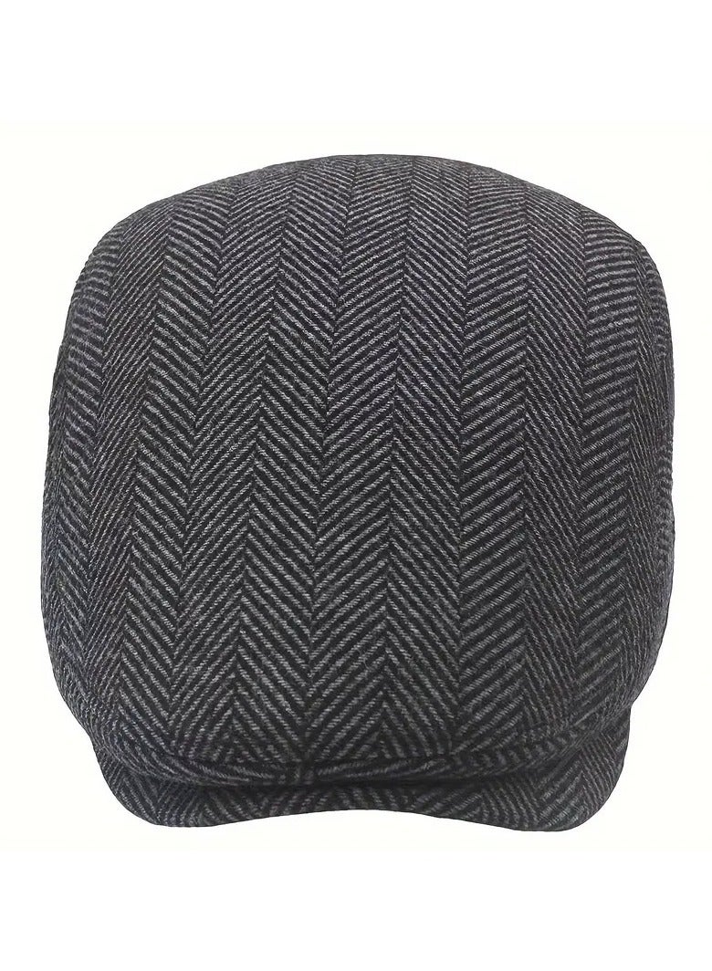 Dot Men's Design Beret Hat, Newsboy Cap, Gatsby Irish Free Size Hat, Breathable Canvas Hat for Outdoor Driving, Classic Sun Protection Beret Hat, Black in Gray Stripe - Image 1