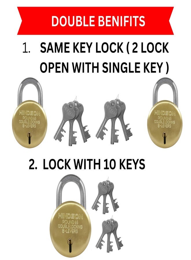 Hindson Same Key Lock Round 65mm Double Locking Heavy Duty Padlock, Multiple Lock and Key Set for Home Door Gate, Hardened Shackle Key Lock for Home Security and Strong Protection, Gold Finish - Image 3