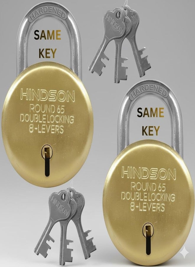 Hindson Same Key Lock Round 65mm Double Locking Heavy Duty Padlock, Multiple Lock and Key Set for Home Door Gate, Hardened Shackle Key Lock for Home Security and Strong Protection, Gold Finish - Image 1