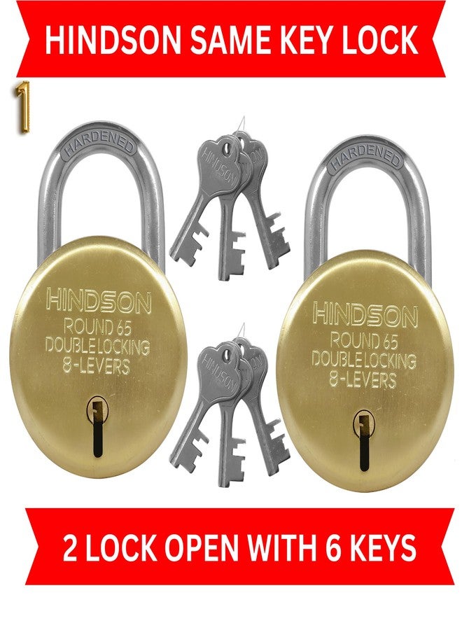 Hindson Same Key Lock Round 65mm Double Locking Heavy Duty Padlock, Multiple Lock and Key Set for Home Door Gate, Hardened Shackle Key Lock for Home Security and Strong Protection, Gold Finish - Image 2