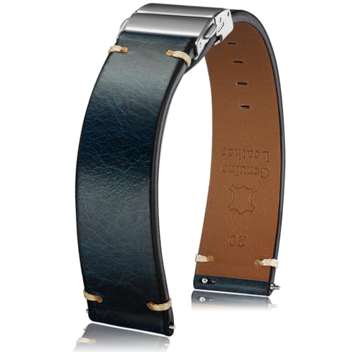 Getalia leather Watch Band Foldover Clasp Retro Oil wax Genuine Leather,18mm 19mm 20mm 21mm 22mm Quick Release Replacement Watch Straps for Men and Women (Blue Band Width-20mm) - Image 1
