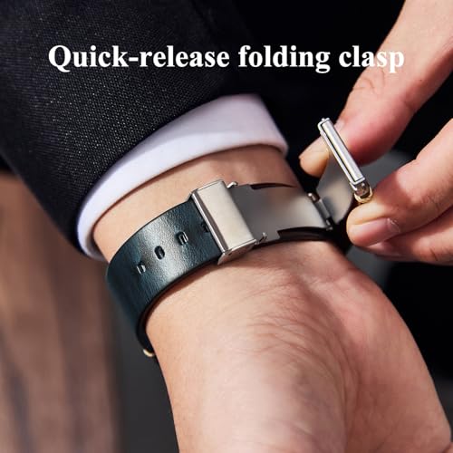 Getalia leather Watch Band Foldover Clasp Retro Oil wax Genuine Leather,18mm 19mm 20mm 21mm 22mm Quick Release Replacement Watch Straps for Men and Women (Blue Band Width-20mm) - Image 3
