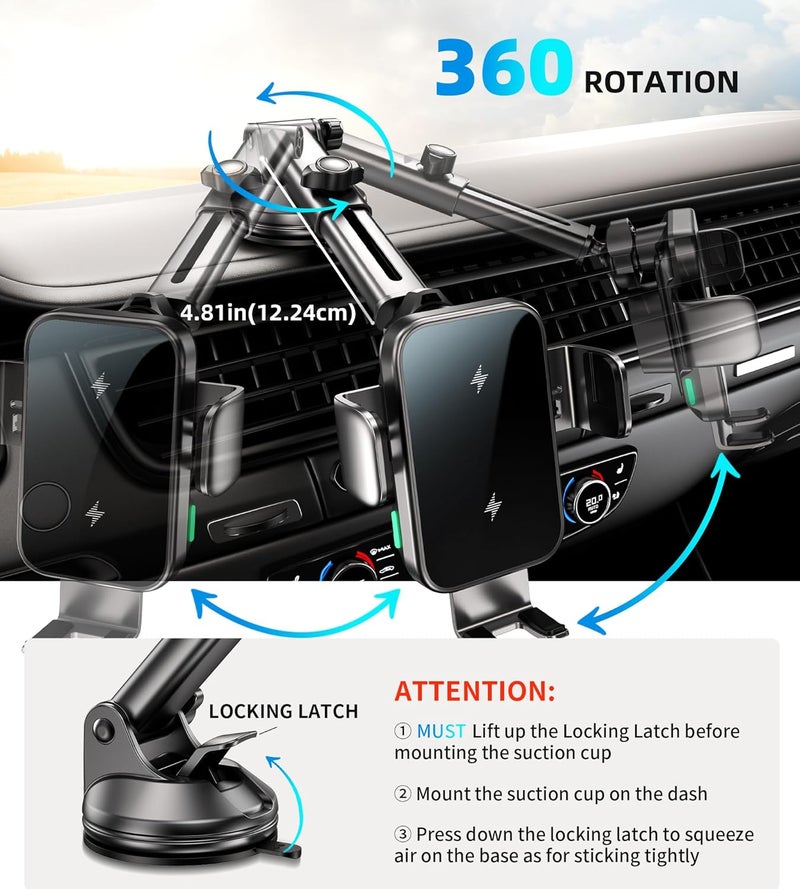 GuMosh 【Dual Coil】 Wireless Car Charger, Fast Charging [Auto-Clamping Alignment] Car Phone Holder Charger Dashboard Vent Windshield for Samsung Flip, S24/S24/S22/21 Ultra, iPhone 12-16 Series - Image 5