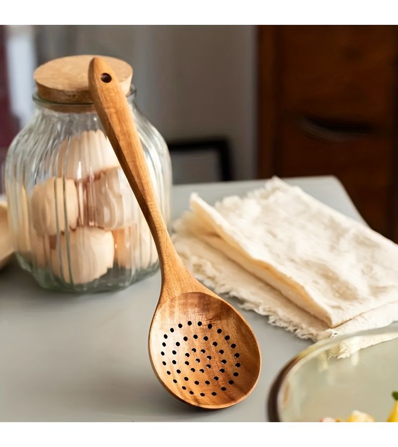 Brown Acacia Wood Slotted Spoon for Draining Skimming and Frying - Image 4
