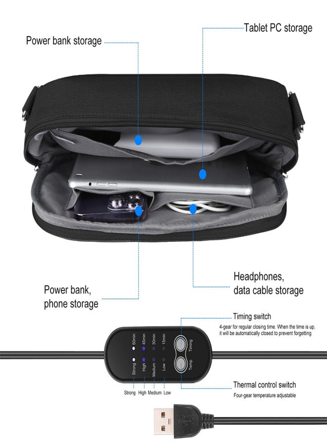 HAWEEL HWL2133 Heating Bag Case Fast Warming 4 Timer Modes Adjustable Temperature USB Crossbody One Shoulder Warm Hand Bags with Earphone Hole Heated Hand Muff Mobile Phone Tablet Digital Storage Bag - Image 2