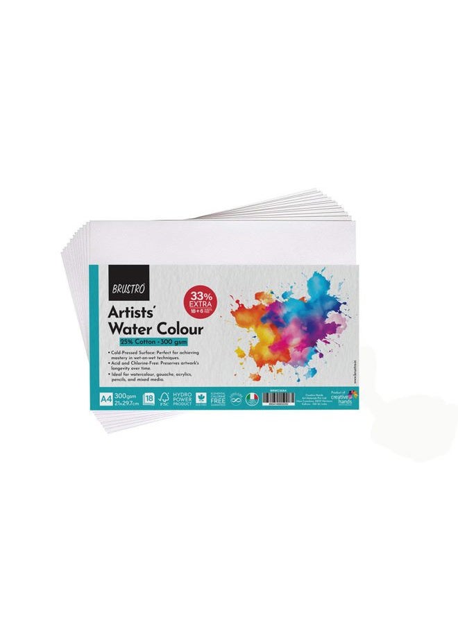 Brustro Artists Watercolour Paper 300 GSM A4-25% Cotton, Cold Pressed, Contains 18 + 6 Sheets Free - Image 1