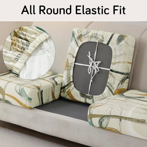 HOKIPO 'Elira Series' 140gsm Elastic Individual Seat Cushion Cover, 3-Piece Sofa Cushion Cover, Parchement Beige Abstract Art (AR-5348-C6*3) - Image 3