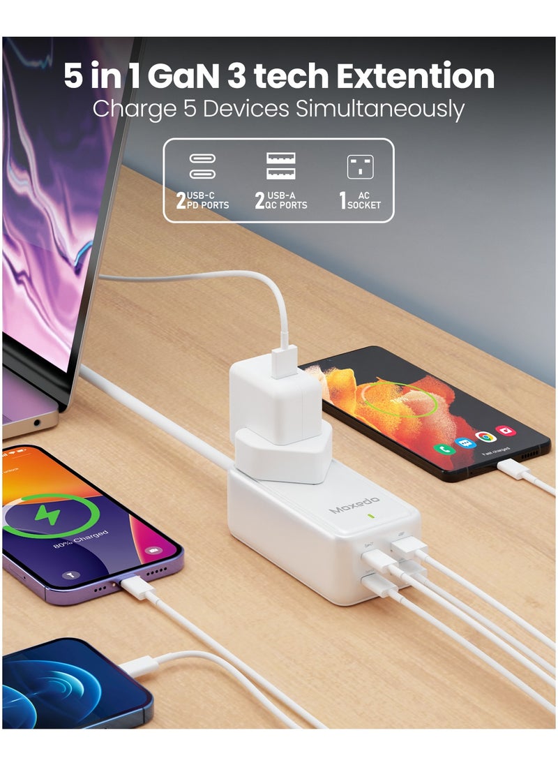 Moxedo Moxedo Smart-Plug 65W GaN III Tech Extension Cord 5 in 1 Power Delivery 3.0, 1 AC Outlet + 2 USB-A Ports + 2 USB-C Ports with 2 Meters Cable Length  - Image 2