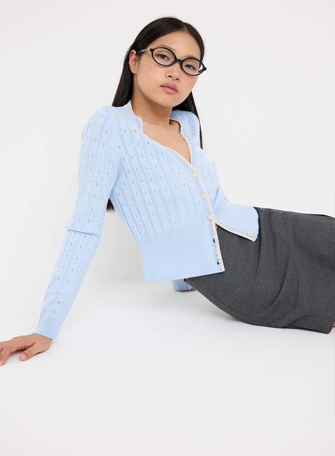 trendyol Teen Light Blue Openwork/Hollowed Crop/Short Lace Garnish Detailed Knitwear Cardigan - Image 1
