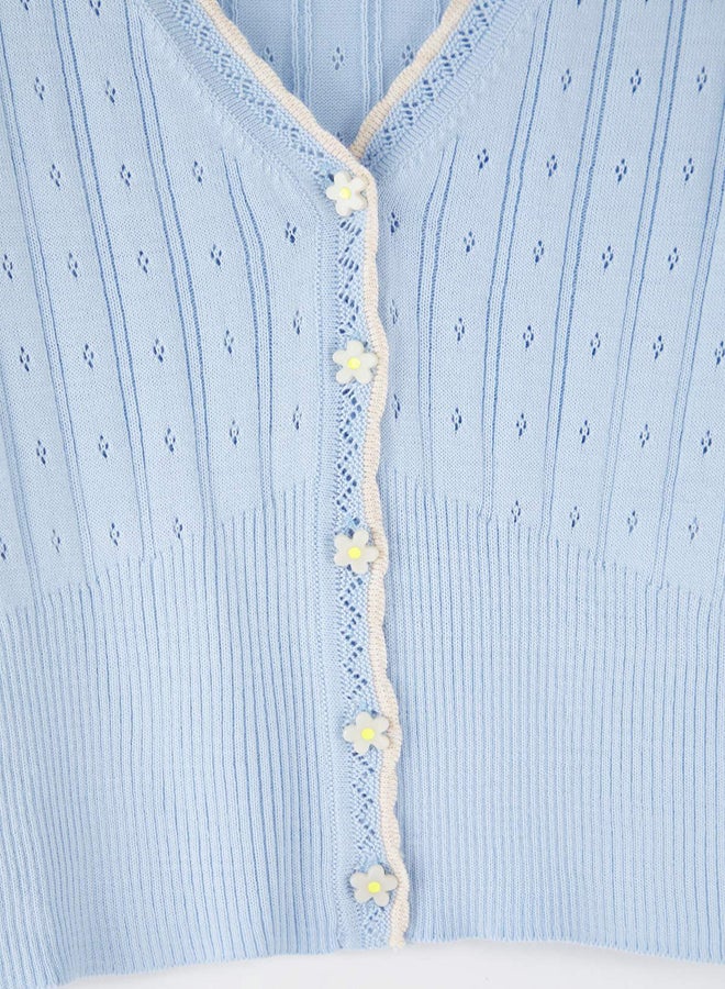 trendyol Teen Light Blue Openwork/Hollowed Crop/Short Lace Garnish Detailed Knitwear Cardigan - Image 5