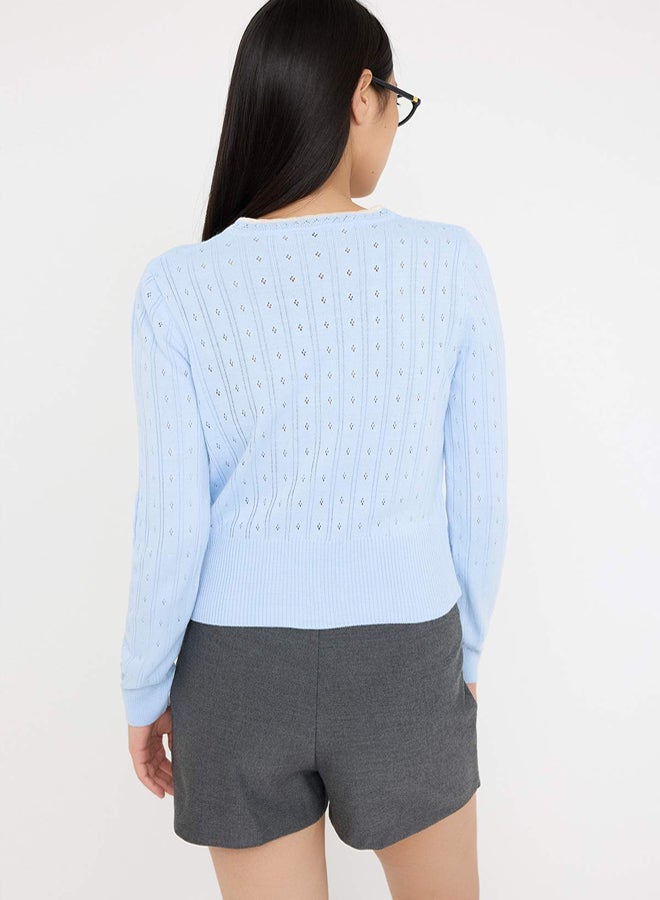 trendyol Teen Light Blue Openwork/Hollowed Crop/Short Lace Garnish Detailed Knitwear Cardigan - Image 4