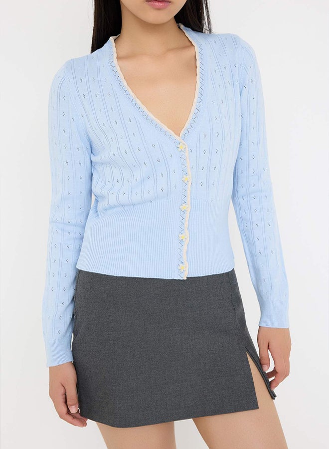 trendyol Teen Light Blue Openwork/Hollowed Crop/Short Lace Garnish Detailed Knitwear Cardigan - Image 3
