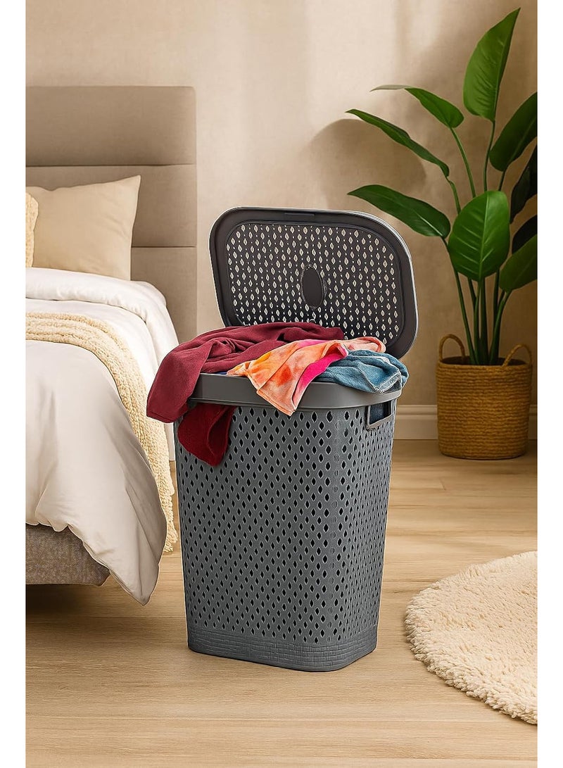 SAQOWARE Premium Plastic Laundry Basket with Lid [ 55 Litre ] – Durable & Ventilated Clothes Hamper for Laundry Storage – Large Capacity, Lightweight & Easy to Carry – Grey - Image 2