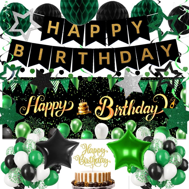 IHEPYQ Green Black Birthday Decorations, Happy Birthday Banner, Backdrop, Balloons, Honeycomb Balls, Star Foil Balloons, Stars Hanging Swirls & Cake Topper for Baby Boys Girl Men Women Birthday Decoration - Image 1