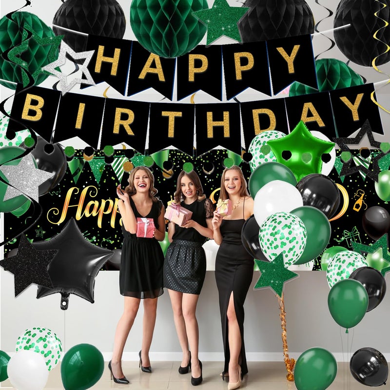IHEPYQ Green Black Birthday Decorations, Happy Birthday Banner, Backdrop, Balloons, Honeycomb Balls, Star Foil Balloons, Stars Hanging Swirls & Cake Topper for Baby Boys Girl Men Women Birthday Decoration - Image 5