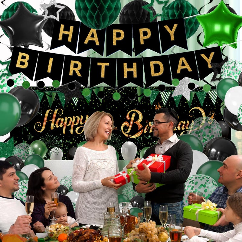 IHEPYQ Green Black Birthday Decorations, Happy Birthday Banner, Backdrop, Balloons, Honeycomb Balls, Star Foil Balloons, Stars Hanging Swirls & Cake Topper for Baby Boys Girl Men Women Birthday Decoration - Image 4