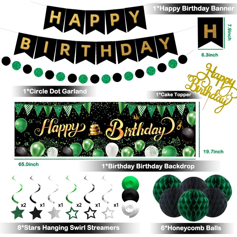 IHEPYQ Green Black Birthday Decorations, Happy Birthday Banner, Backdrop, Balloons, Honeycomb Balls, Star Foil Balloons, Stars Hanging Swirls & Cake Topper for Baby Boys Girl Men Women Birthday Decoration - Image 2