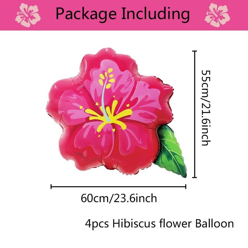 Heukikt 4Pcs Tropical Hibiscus Foil Balloons, 23.6inch Hot Pink Hibiscus Flowers Balloon for Magic Theme Hawaiian Flamingo Summer Luau Aloha Birthday Party Decorations - Image 2