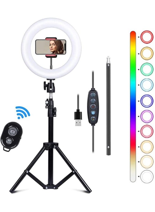 25cm LED Ring Light with Tripod Stand – 11 Light Modes, 2 Phone Holders, Bluetooth Remote – Perfect for Makeup, Selfies, and Vlogging  - Image 1