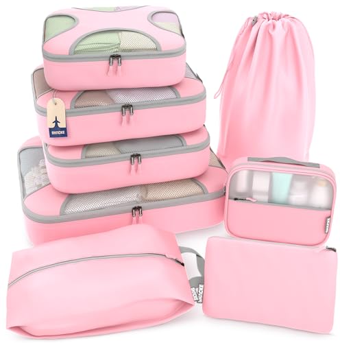 Shacke 8 Set Packing Cubes for Travel Complete Luggage Organizer Set with Laundry Shoe Toiletry Accessories Bag Suitcase Travel Organizer Summer Pink - Image 1