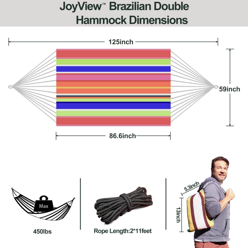 JoyView Brazilian Double Hammock with Hanging Ropes Extra Large 86.6x59â€ Portable Cotton Hammock for Patio Backyard Porch 450LBS Weight Capacity Perfect for Outdoor/Indoor - Color Stripes - Image 2