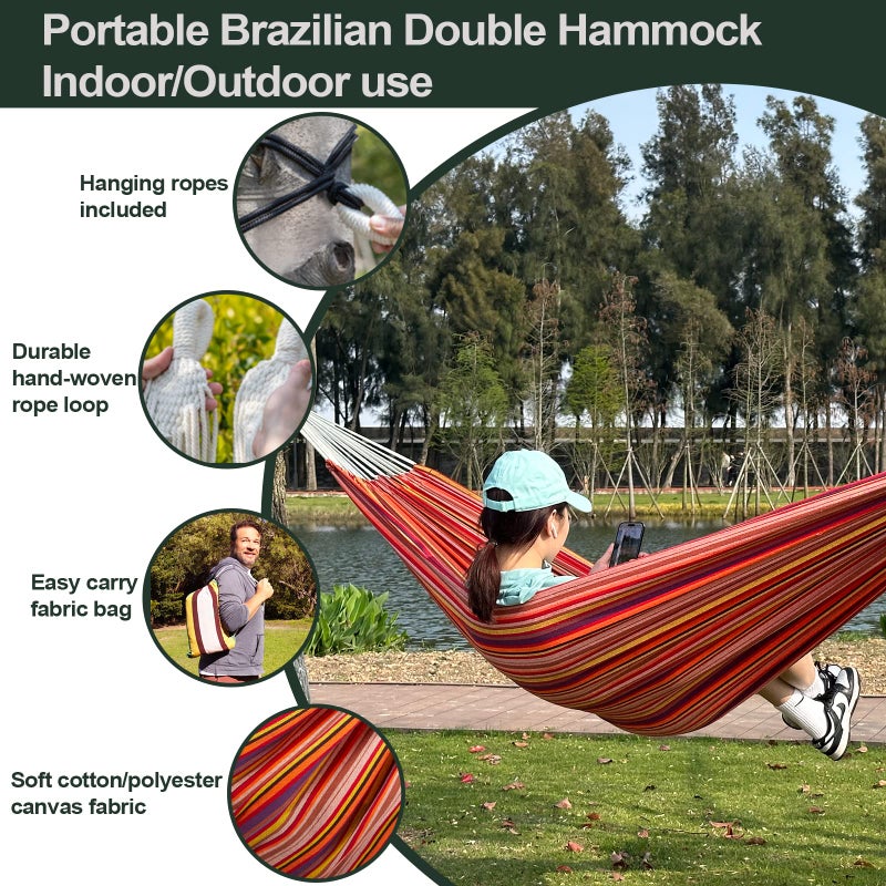 JoyView Brazilian Double Hammock with Hanging Ropes Extra Large 86.6x59â€ Portable Cotton Hammock for Patio Backyard Porch 450LBS Weight Capacity Perfect for Outdoor/Indoor - Color Stripes - Image 3