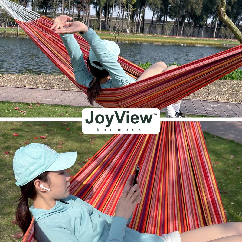 JoyView Brazilian Double Hammock with Hanging Ropes Extra Large 86.6x59â€ Portable Cotton Hammock for Patio Backyard Porch 450LBS Weight Capacity Perfect for Outdoor/Indoor - Color Stripes - Image 5