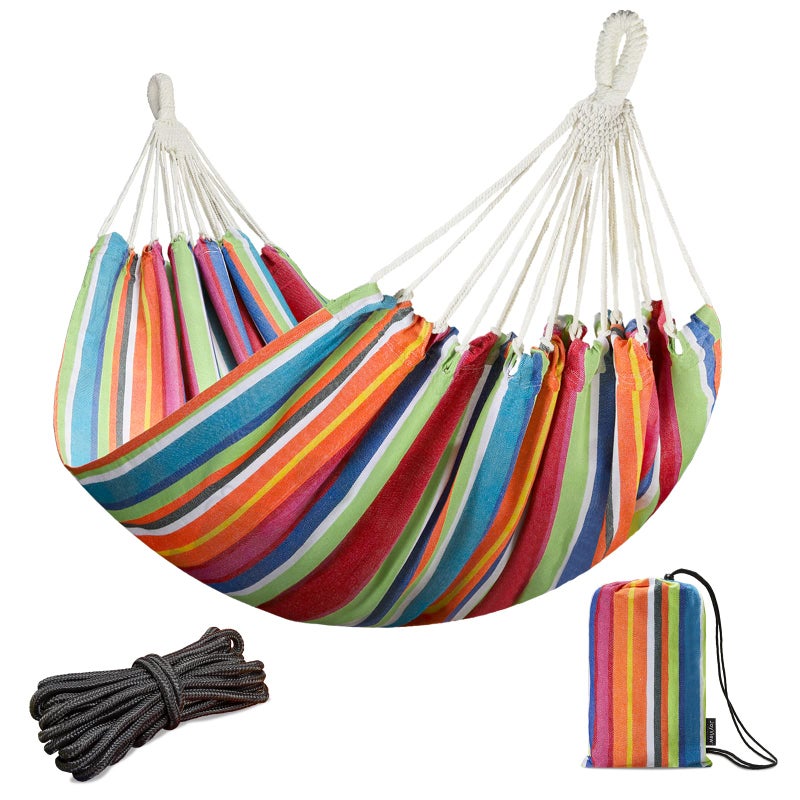 JoyView Brazilian Double Hammock with Hanging Ropes Extra Large 86.6x59â€ Portable Cotton Hammock for Patio Backyard Porch 450LBS Weight Capacity Perfect for Outdoor/Indoor - Color Stripes - Image 1
