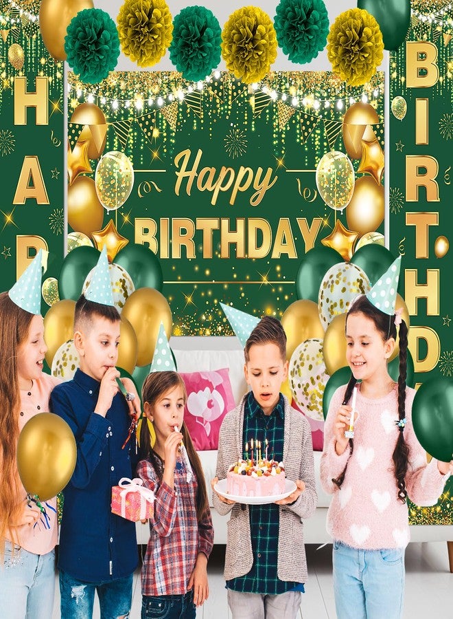 Woosytoo زينة عيد ميلاد باللونين الأخضر والذهبي - تتضمن زينة حفلات باللونين الأخضر الزمردي والذهبي لافتة "عيد ميلاد سعيد"، وبالونات، ولافتة للشرفة، ومفرش طاولة، وكرات بوم بوم ورقية. - Image 2