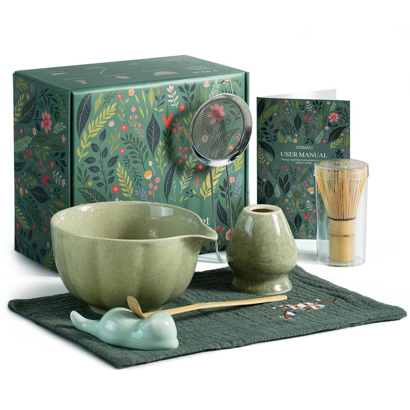 Domaci Matcha Whisk Set, 7 Pcs Japanese Matcha Kit Includes Matcha Bowl with Spout, Bamboo Whisk, Chasen Holder, Stainless Sifter, Scoop and Rest, Tea Towel, Matcha Tea Set Gift for Family/Friend - Image 1