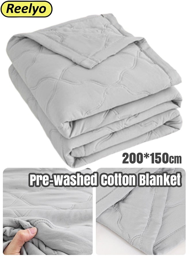 Reelyo Lightweight Sweat-Wicking Summer Comforter, Cooling Quilted Brushed Washed Cotton Bed Blanket, Solid Color Quilted Air Conditioning Blanket, Microfiber Down Alternative Fill, Edge Binding & Reactive Dyeing for Hot Weather, Hot Sleepers, Indoor Rest & Travel Use, 200*150cm Light Grey - Image 1