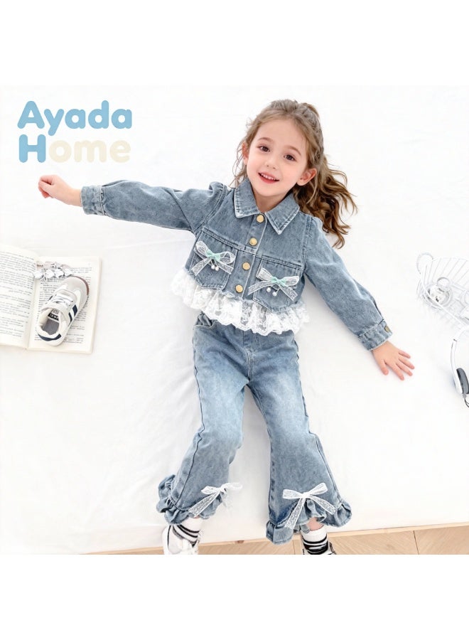 Ayada Home طقم جينز للبنات مكون من قطعتين، جاكيت مزين بالدانتيل ورباط + بنطلون جينز واسع - Image 1