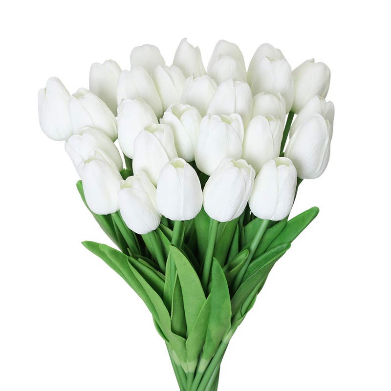Kisflower 30Pcs Latex Tulips Real Touch White Artificial Flowers Fake Tulips Arrangement Bouquet for Home Office Wedding Decor White