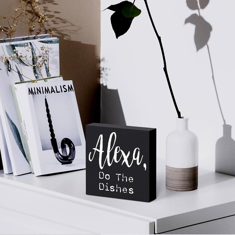 Woght Funny Kitchen Wooden Box Sign Plaque Alexa Do the Dishes Wood Box Sign Rustic Art Home Shelf Desk Decor 5 X 5 Inchesâ€¦ - Image 5