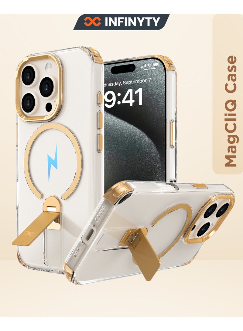 INFINYTY iPhone 16 Pro Max Transparent Case with Smart Metallic Stand – Aurum, Elegant Desert Titanium Metal Camera Frame, Multi-Angle Stand, MagSafe Compatible, Mil. Grade Drop-Tested, Slim Design with Raised Edges - Image 1