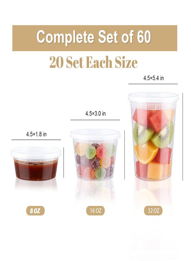 Clawsoff 60 Sets Deli Containers with Lids, 32/16/8 oz X 20 Set Each, Leak-Proof & BPA Free Airtight Takeout Plastic Food Storage Containers for Soup, Freezer/Microwave/Dishwasher Safe - Image 2
