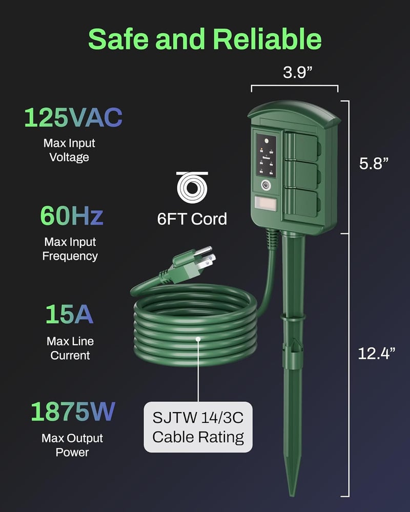 BN-LINK Outdoor Power Stake with Dusk to Dawn Timer, Waterproof 6 Grounded Outlets, 6FT Cord, 100FT Remote Control, Heavy Duty Outdoor Plug for Christmas Lights, Yard, Garden, ETL Listed - Image 5