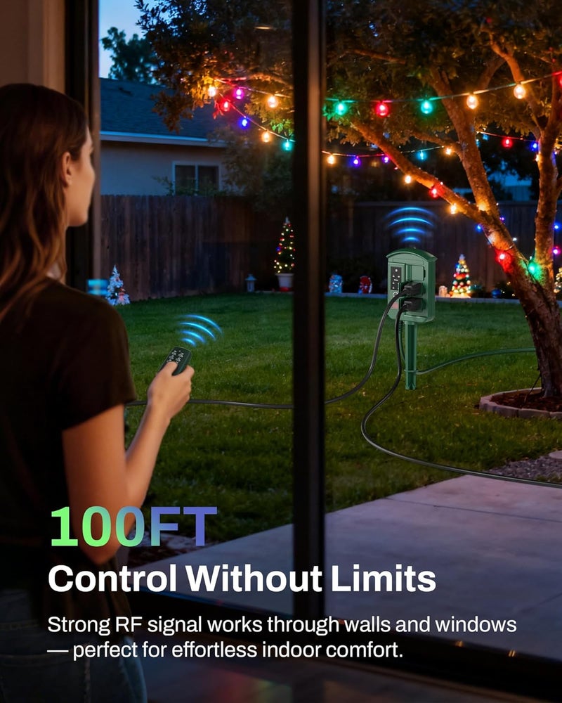 BN-LINK Outdoor Power Stake with Dusk to Dawn Timer, Waterproof 6 Grounded Outlets, 6FT Cord, 100FT Remote Control, Heavy Duty Outdoor Plug for Christmas Lights, Yard, Garden, ETL Listed - Image 3