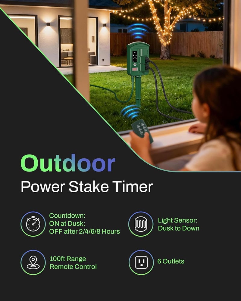 BN-LINK Outdoor Power Stake with Dusk to Dawn Timer, Waterproof 6 Grounded Outlets, 6FT Cord, 100FT Remote Control, Heavy Duty Outdoor Plug for Christmas Lights, Yard, Garden, ETL Listed - Image 2